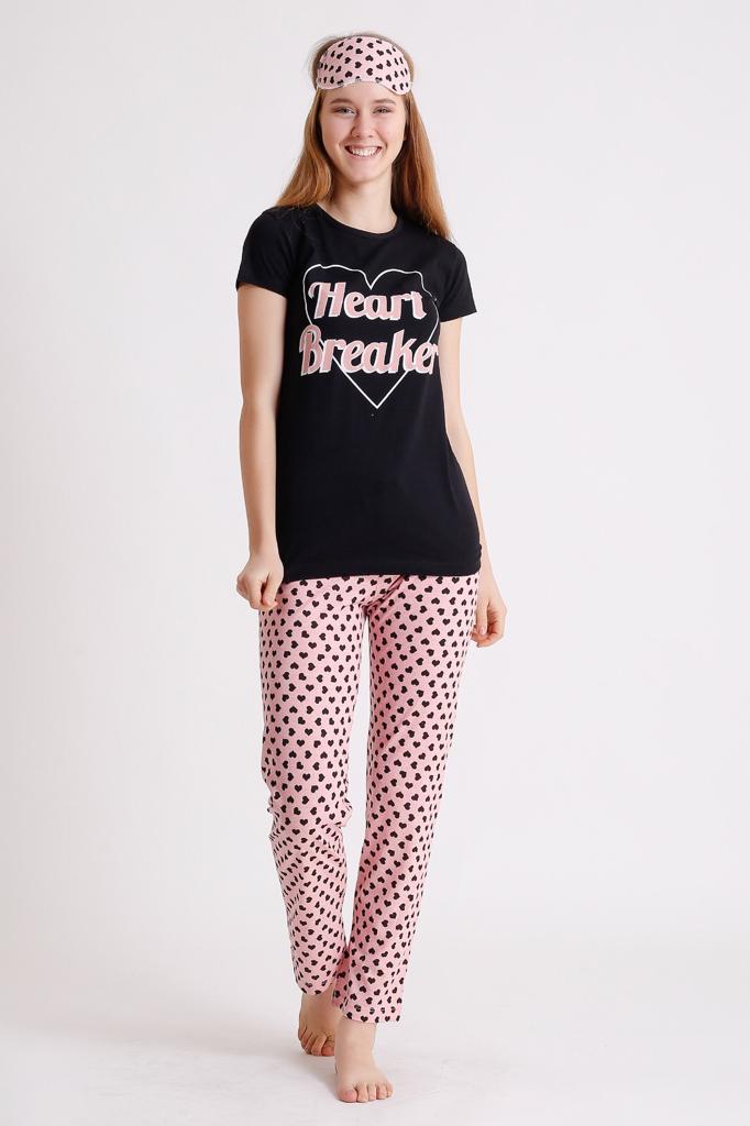Pijama dama din bumbac ieftina lunga cu pantaloni lungi roz si tricou negru cu imprimeu Heart Breaker